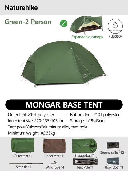 Naturehike Mongar 2 UL/PRO/Base Tent Camping 1-3 Person Tent Outdoor Travel 15D Waterproof Ultralight Backpacking Shelter Tent