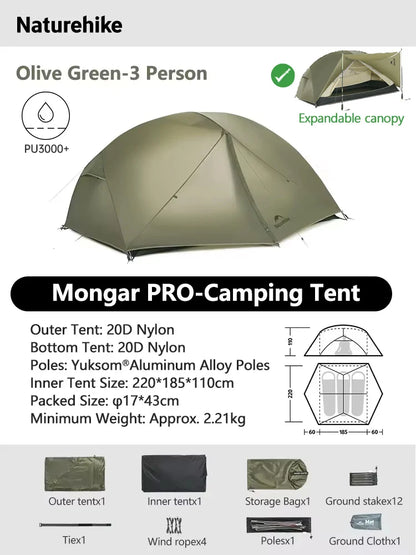 Naturehike Mongar 2 UL/PRO/Base Tent Camping 1-3 Person Tent Outdoor Travel 15D Waterproof Ultralight Backpacking Shelter Tent