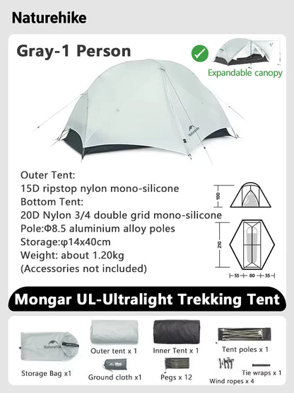Naturehike Mongar 2 UL/PRO/Base Tent Camping 1-3 Person Tent Outdoor Travel 15D Waterproof Ultralight Backpacking Shelter Tent