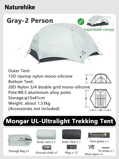 Naturehike Mongar 2 UL/PRO/Base Tent Camping 1-3 Person Tent Outdoor Travel 15D Waterproof Ultralight Backpacking Shelter Tent