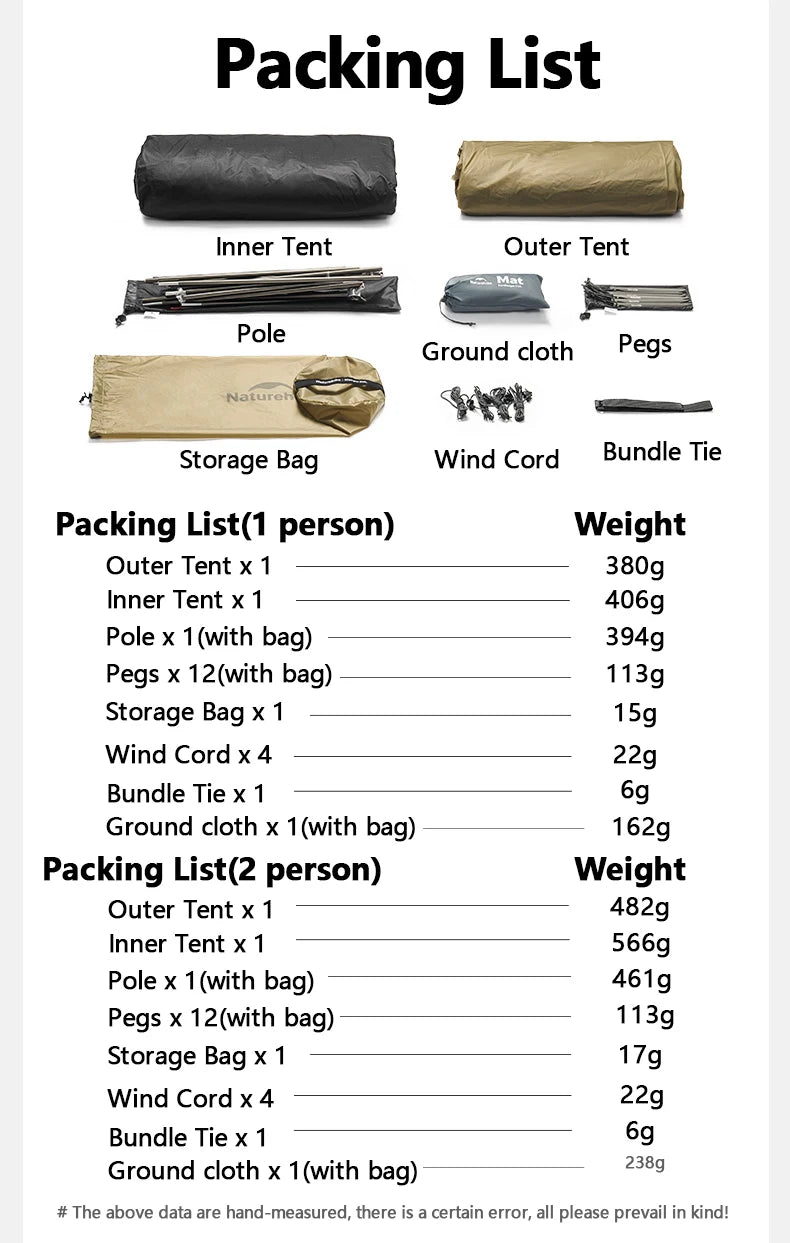 Naturehike Mongar 2 UL/PRO/Base Tent Camping 1-3 Person Tent Outdoor Travel 15D Waterproof Ultralight Backpacking Shelter Tent