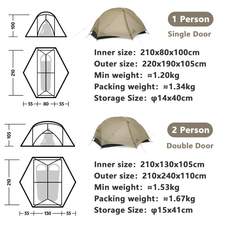Naturehike Mongar 2 UL/PRO/Base Tent Camping 1-3 Person Tent Outdoor Travel 15D Waterproof Ultralight Backpacking Shelter Tent