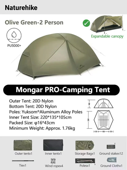 Naturehike Mongar 2 UL/PRO/Base Tent Camping 1-3 Person Tent Outdoor Travel 15D Waterproof Ultralight Backpacking Shelter Tent