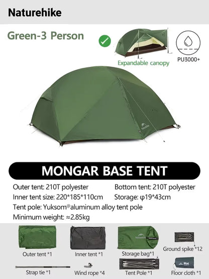 Naturehike Mongar 2 UL/PRO/Base Tent Camping 1-3 Person Tent Outdoor Travel 15D Waterproof Ultralight Backpacking Shelter Tent
