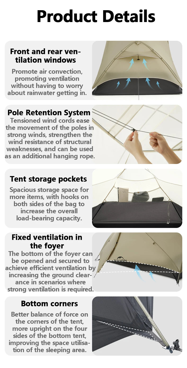 Naturehike Mongar 2 UL/PRO/Base Tent Camping 1-3 Person Tent Outdoor Travel 15D Waterproof Ultralight Backpacking Shelter Tent